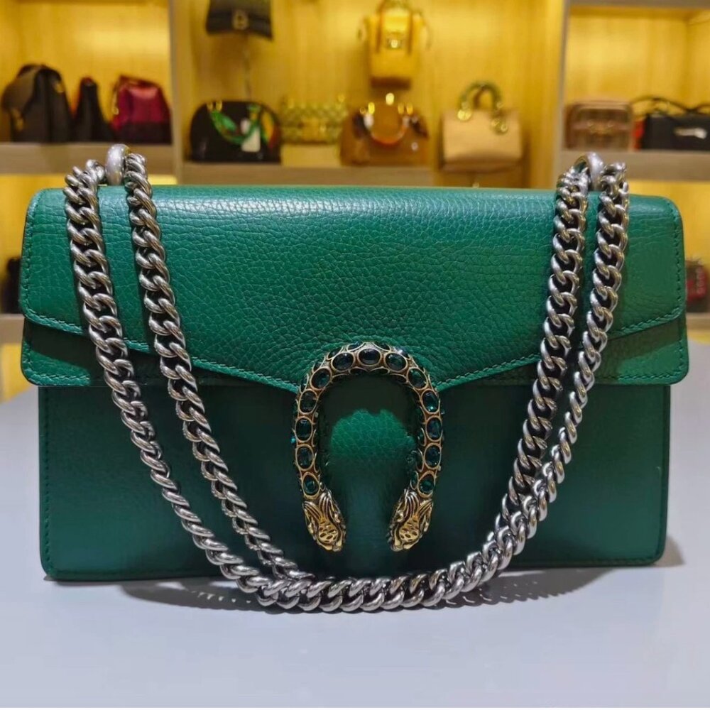 N16 Slightly Used Gucci Dionysus Leather Chain Shoulder Bag Green Medium